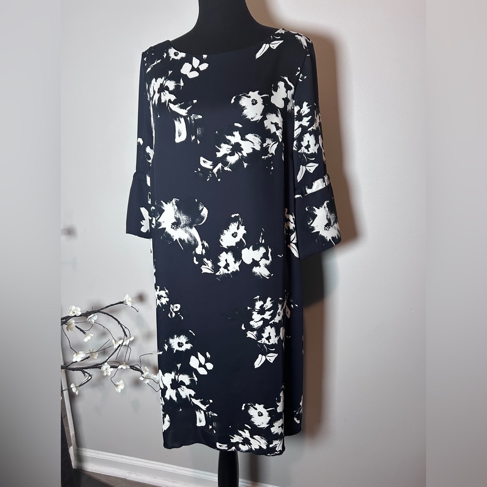 H&M Black White Floral Shift Dress Tie Sleeve Dress Size 12